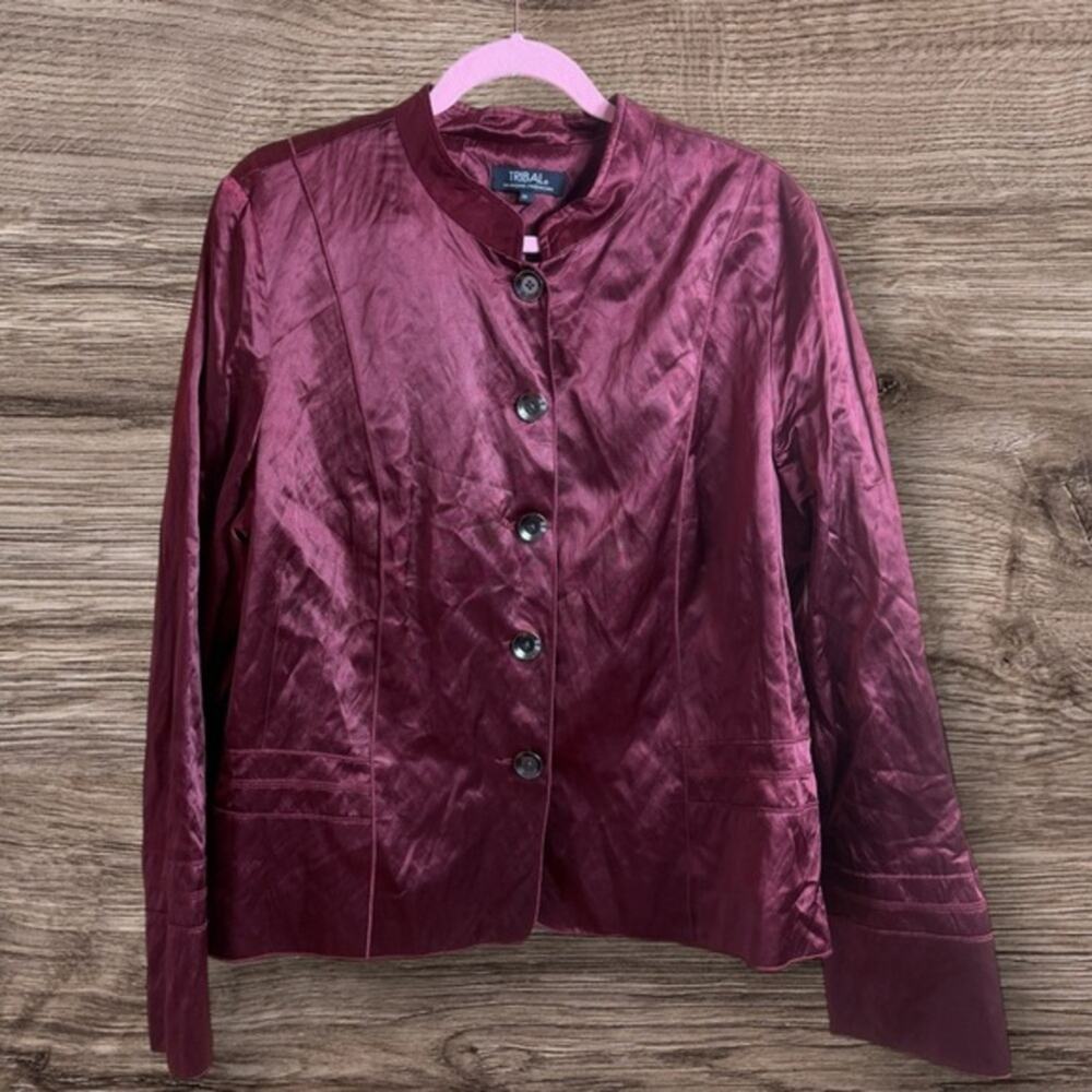 Tribal burgundy, maroon shiny jacket. Size 16 metallic.